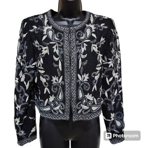 Laurence Kazar New York 100% Silk Shell, Long Sleeve Sequins Crop Jaket Size PL